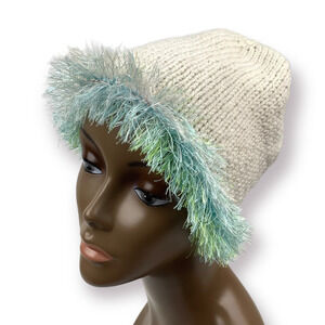 90's hand knit cream beanie with pastel fuzzy trim